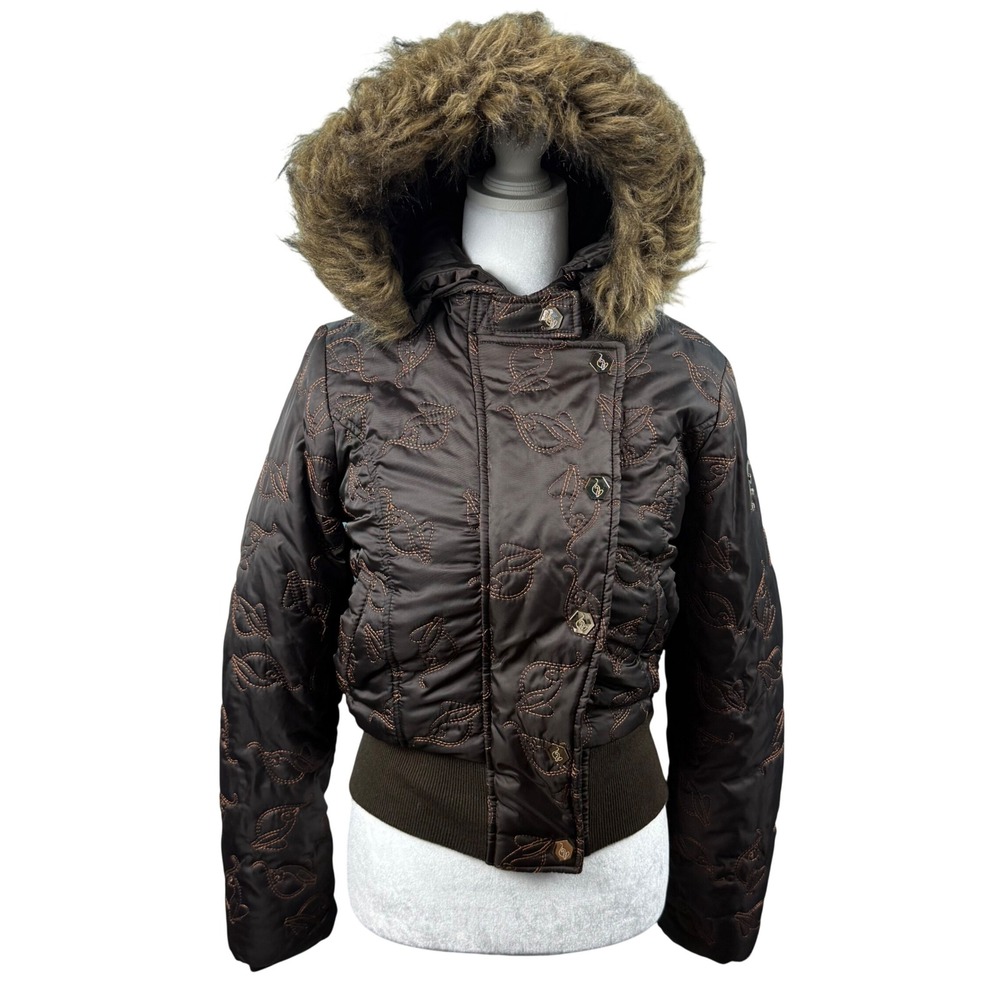 VTG Y2K Baby Phat Kimora Lee Simmons Embroidered Puffer Jacket Faux Fur Hood